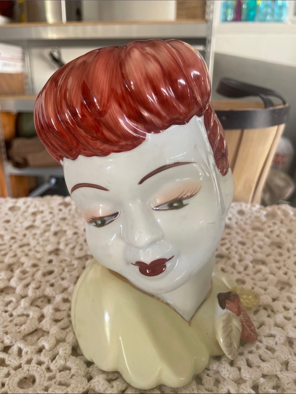 Vintage Ceramic Head Vase in Red and Cream